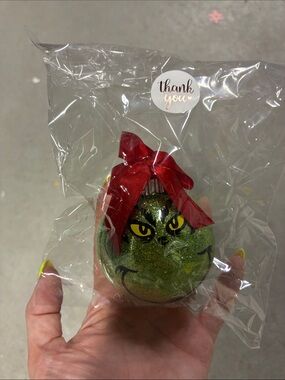 Green Grinch Glitter Holiday Ornament with Red Bow